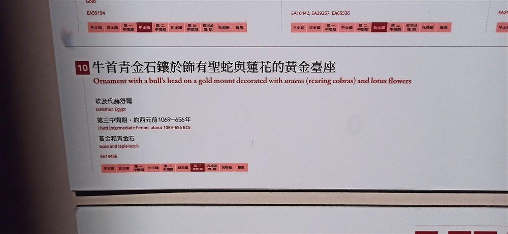 說明牌:牛首青金石鑲於飾有聖蛇與蓮花的黃金臺座(代赫舒爾,黃金和青金石,EA14456)。