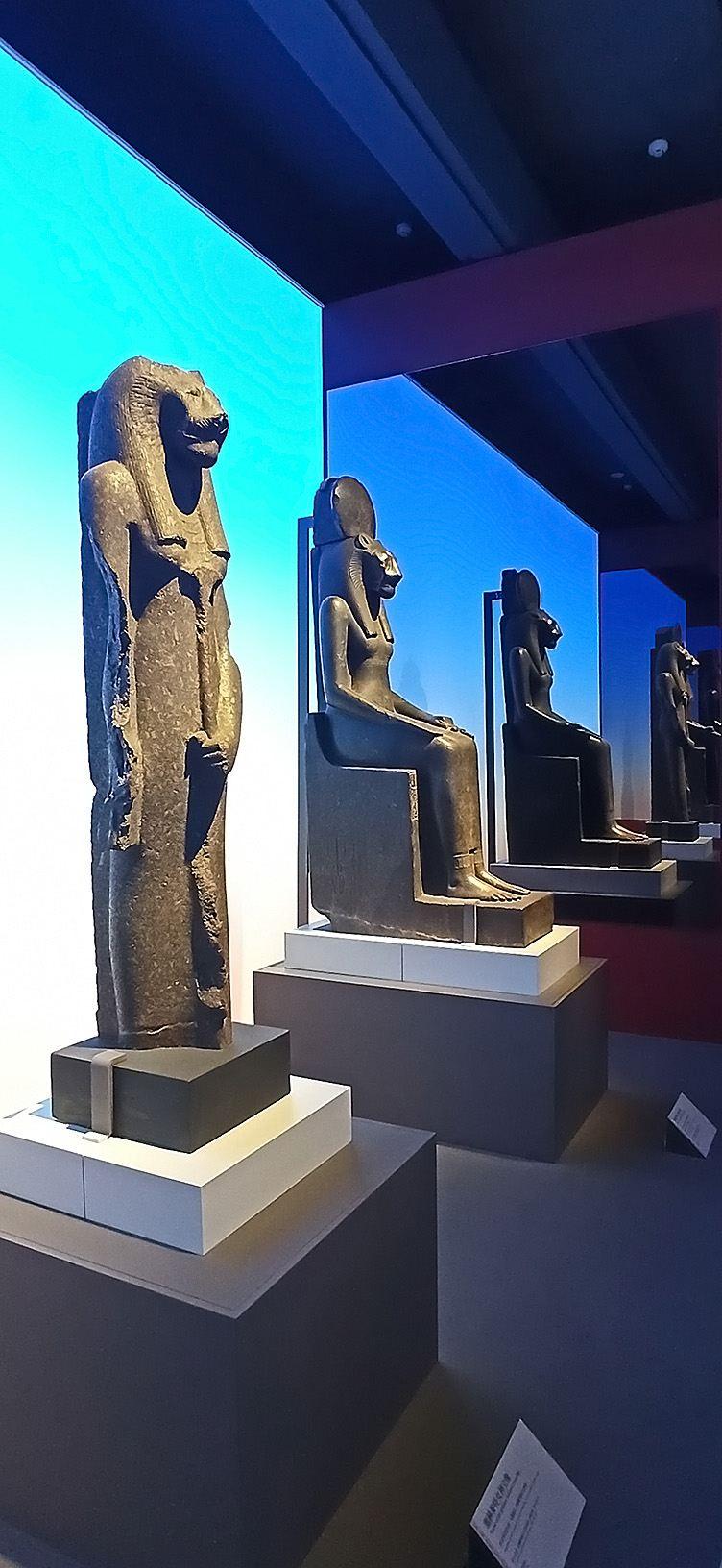 沿展牆排列的塞赫麥特女神立像與坐像。