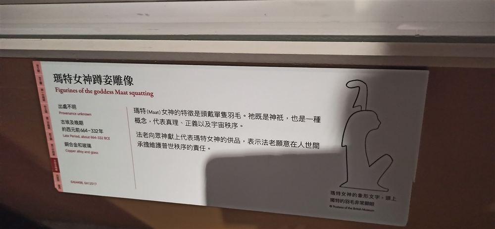瑪特女神蹲姿雕像說明牌(古埃及晚期,約西元前664–332年,銅合金和玻璃,EA64498、EA12517)。